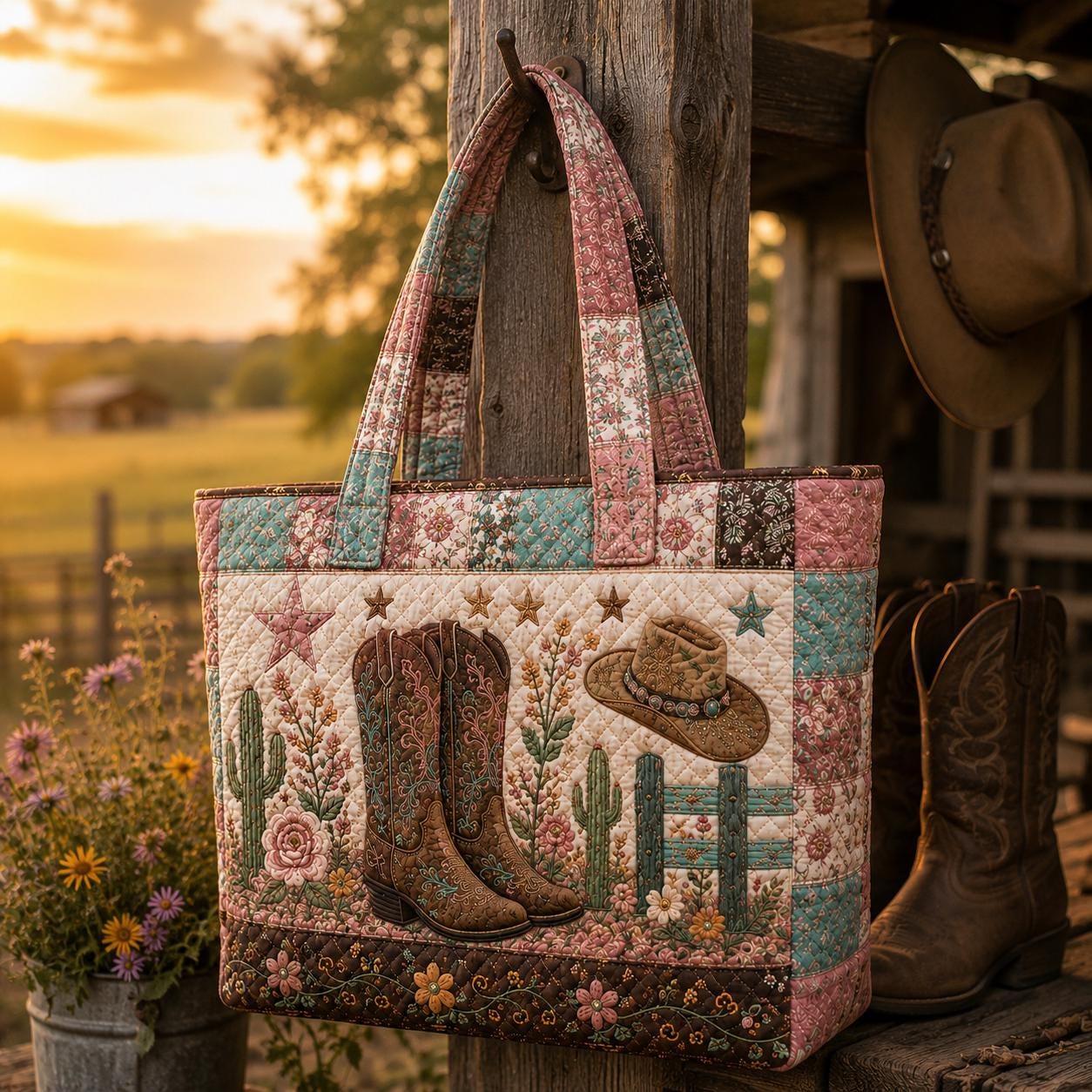 Cowgirl Quilted Style Tote Bag with Cowboy Boots and Floral Patchwork – Western Rustic Country Shoulder Purse Bag Gift for Her - photo 4
