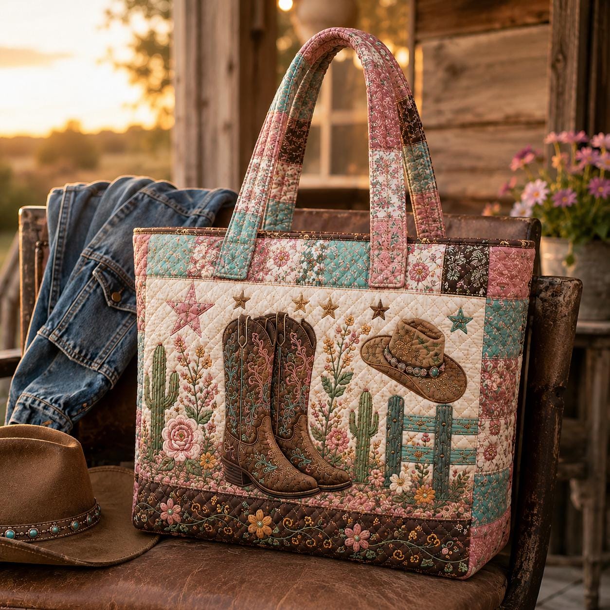 Cowgirl Quilted Style Tote Bag with Cowboy Boots and Floral Patchwork – Western Rustic Country Shoulder Purse Bag Gift for Her - photo 6