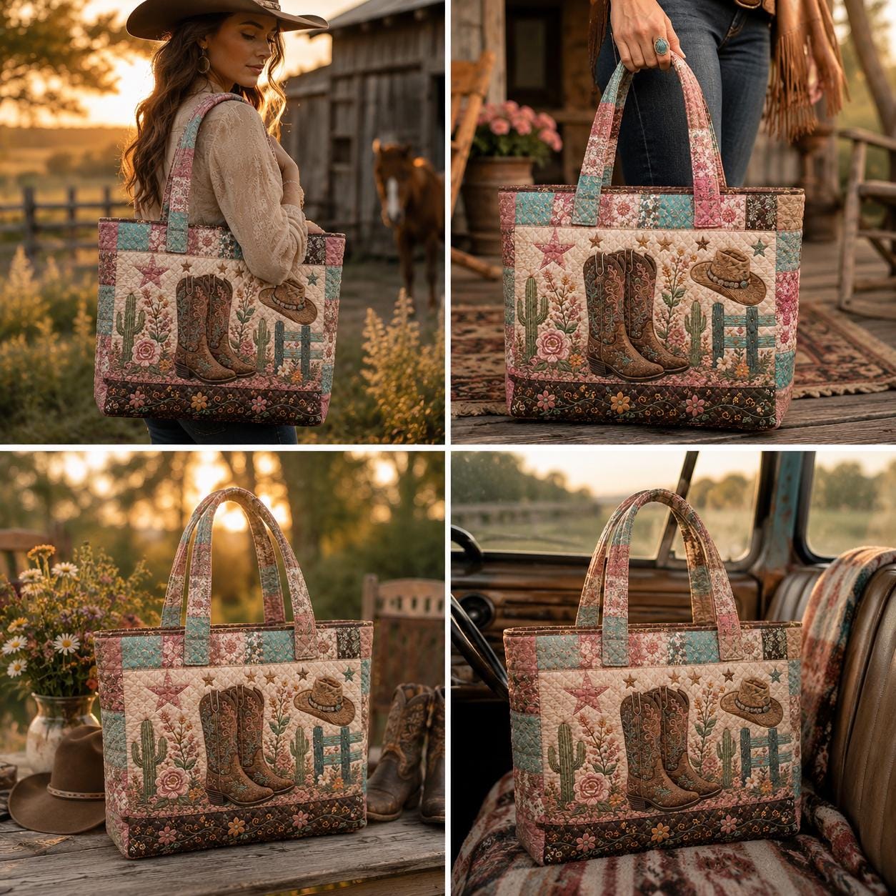 Cowgirl Quilted Style Tote Bag with Cowboy Boots and Floral Patchwork – Western Rustic Country Shoulder Purse Bag Gift for Her - photo 7
