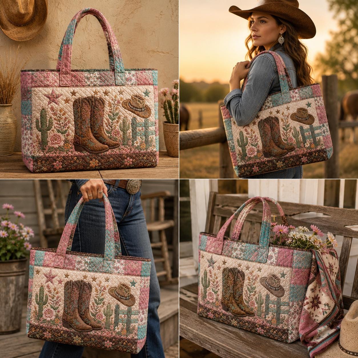 Cowgirl Quilted Style Tote Bag with Cowboy Boots and Floral Patchwork – Western Rustic Country Shoulder Purse Bag Gift for Her - photo 8