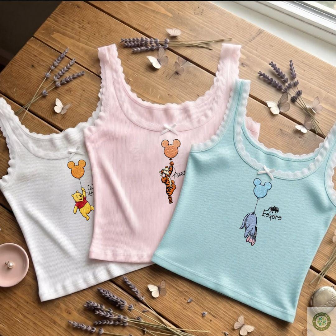 Embroidered Winnie the Pooh Shirt with Piglet Eeyore and Tigger – WDW Disneyland Trip Lace Trim Tank Top Baby Tee