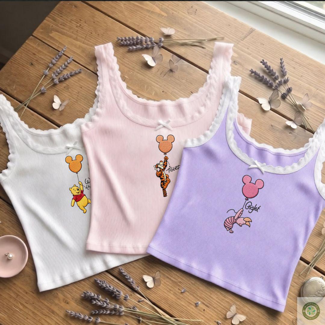 Embroidered Winnie the Pooh Shirt with Piglet Eeyore and Tigger – WDW Disneyland Trip Lace Trim Tank Top Baby Tee - photo 2