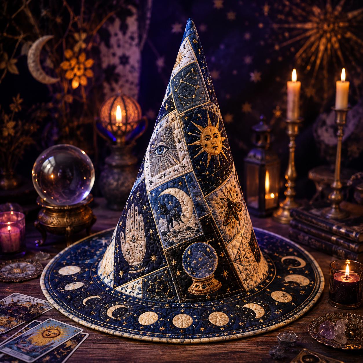 Celestial Tarot Quilted Style Witch Hat Decor and Table Decoration with Moon Phase Astrology Halloween Centerpiece, Zodiac Witchcore Fabric