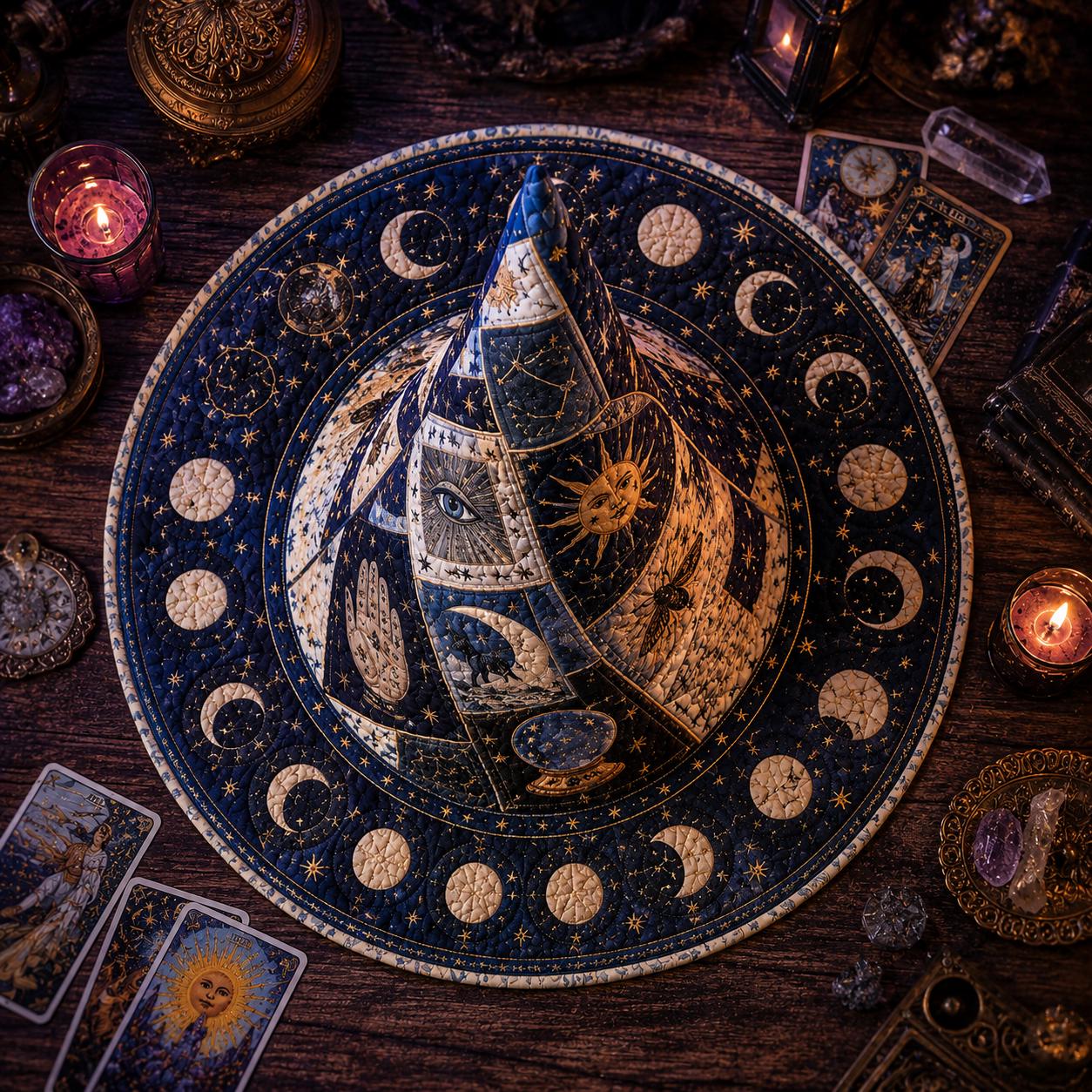 Celestial Tarot Quilted Style Witch Hat Decor and Table Decoration with Moon Phase Astrology Halloween Centerpiece, Zodiac Witchcore Fabric - photo 2