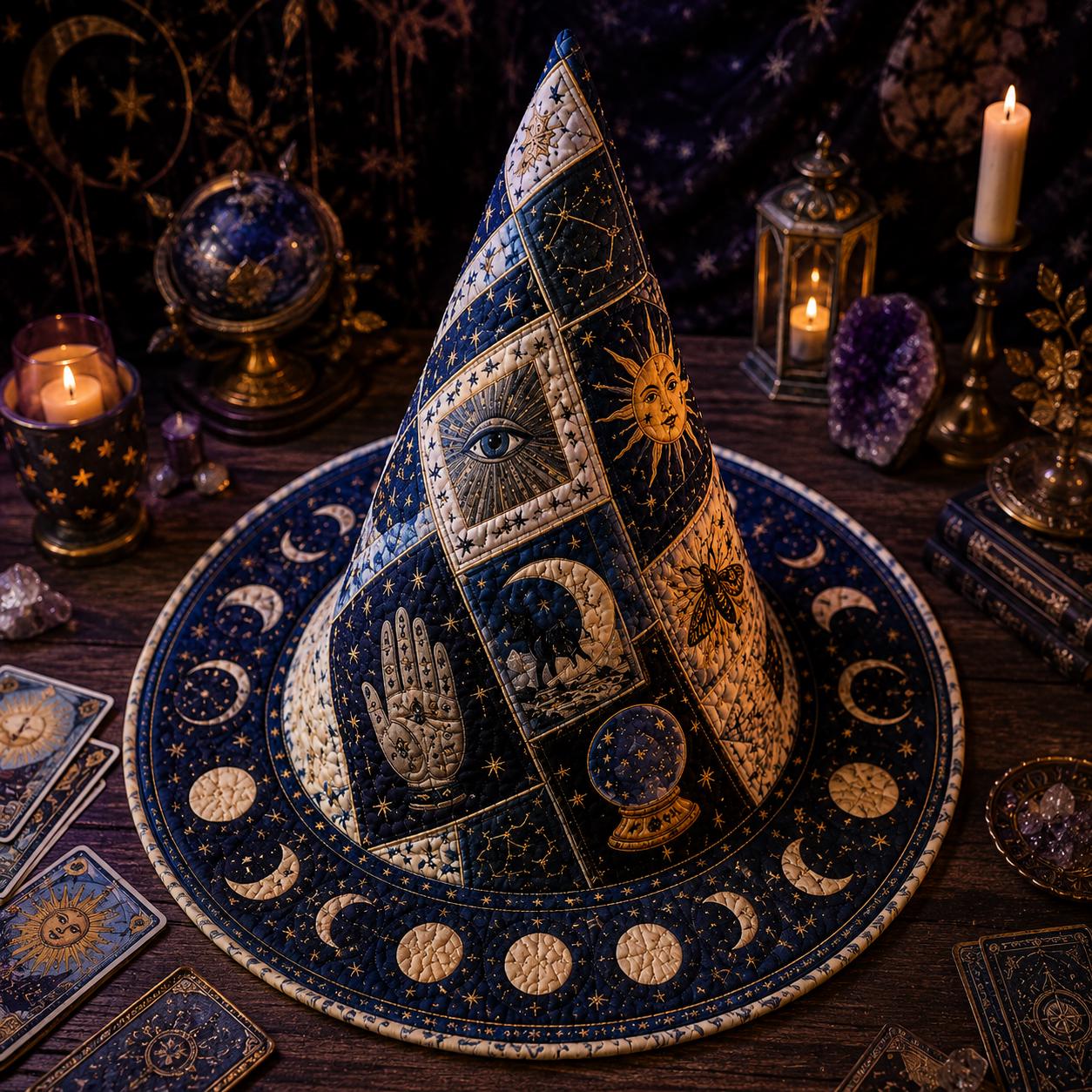 Celestial Tarot Quilted Style Witch Hat Decor and Table Decoration with Moon Phase Astrology Halloween Centerpiece, Zodiac Witchcore Fabric - photo 3