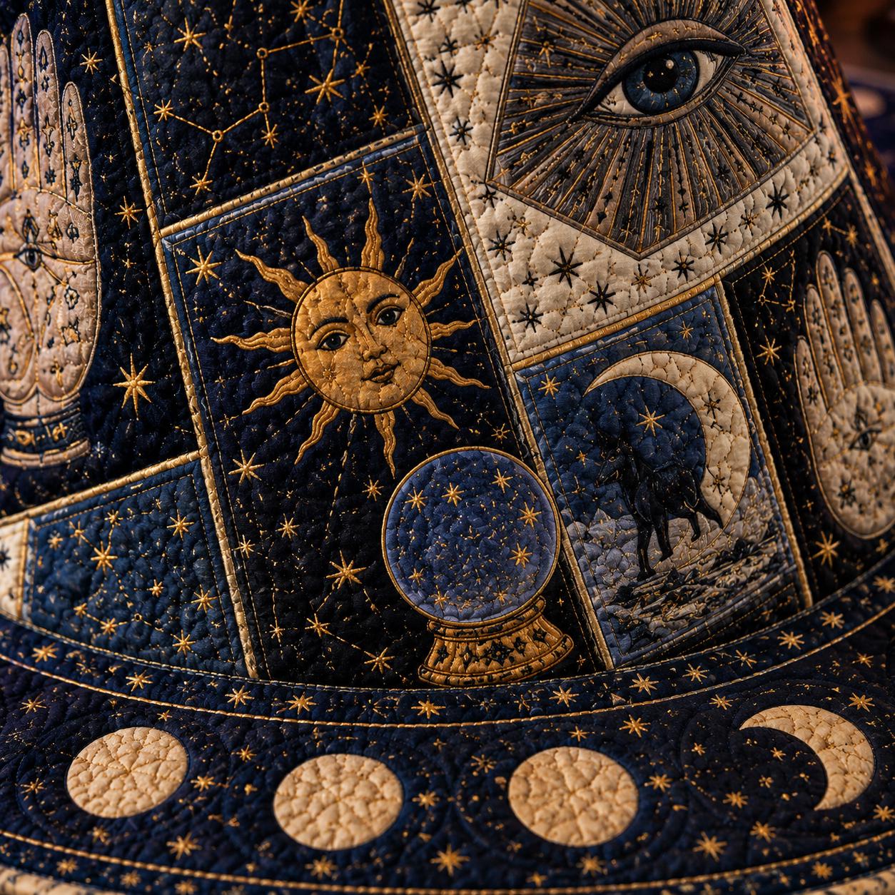 Celestial Tarot Quilted Style Witch Hat Decor and Table Decoration with Moon Phase Astrology Halloween Centerpiece, Zodiac Witchcore Fabric - photo 4