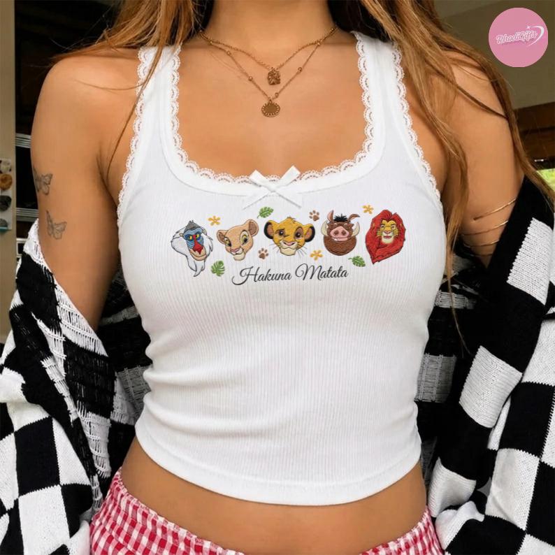 Embroidered Hakuna Matata Baby Tee Crop Tank with Disney The Lion King Design – Animal Kingdom WDW Shirt and Girls Trip Lace Trim Tank Top