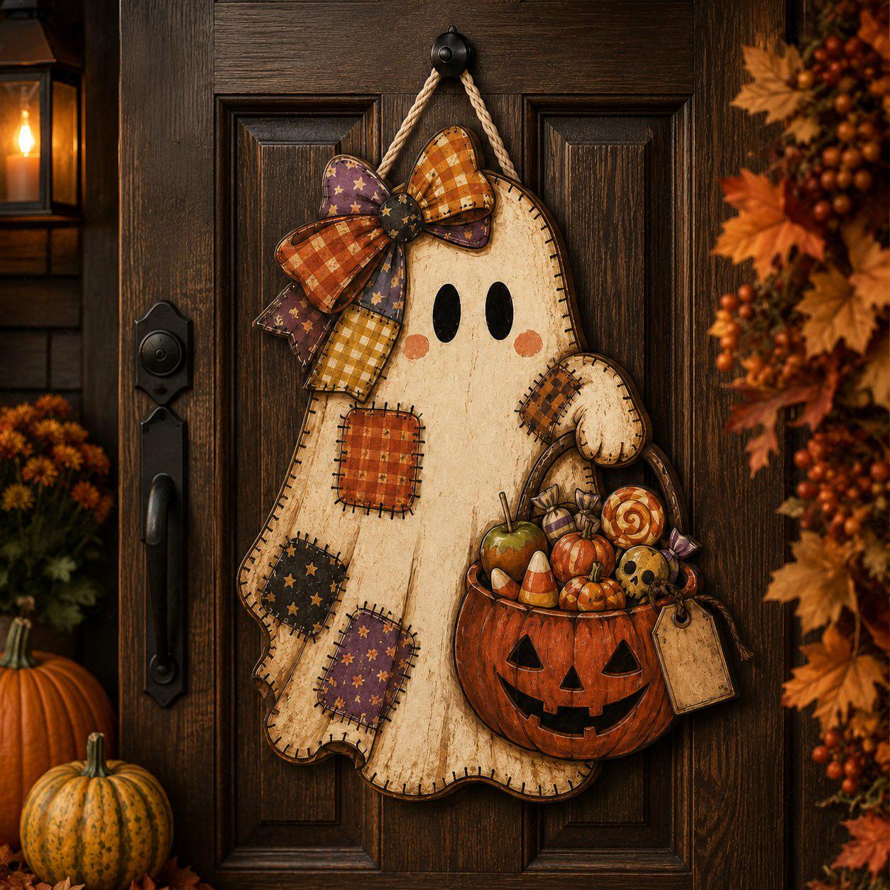 Personalized Ghost Door Hanger and Front Porch Sign with Patchwork Halloween Decor, Cute Pumpkin, Rustic Fall Wooden Welcome Decoration