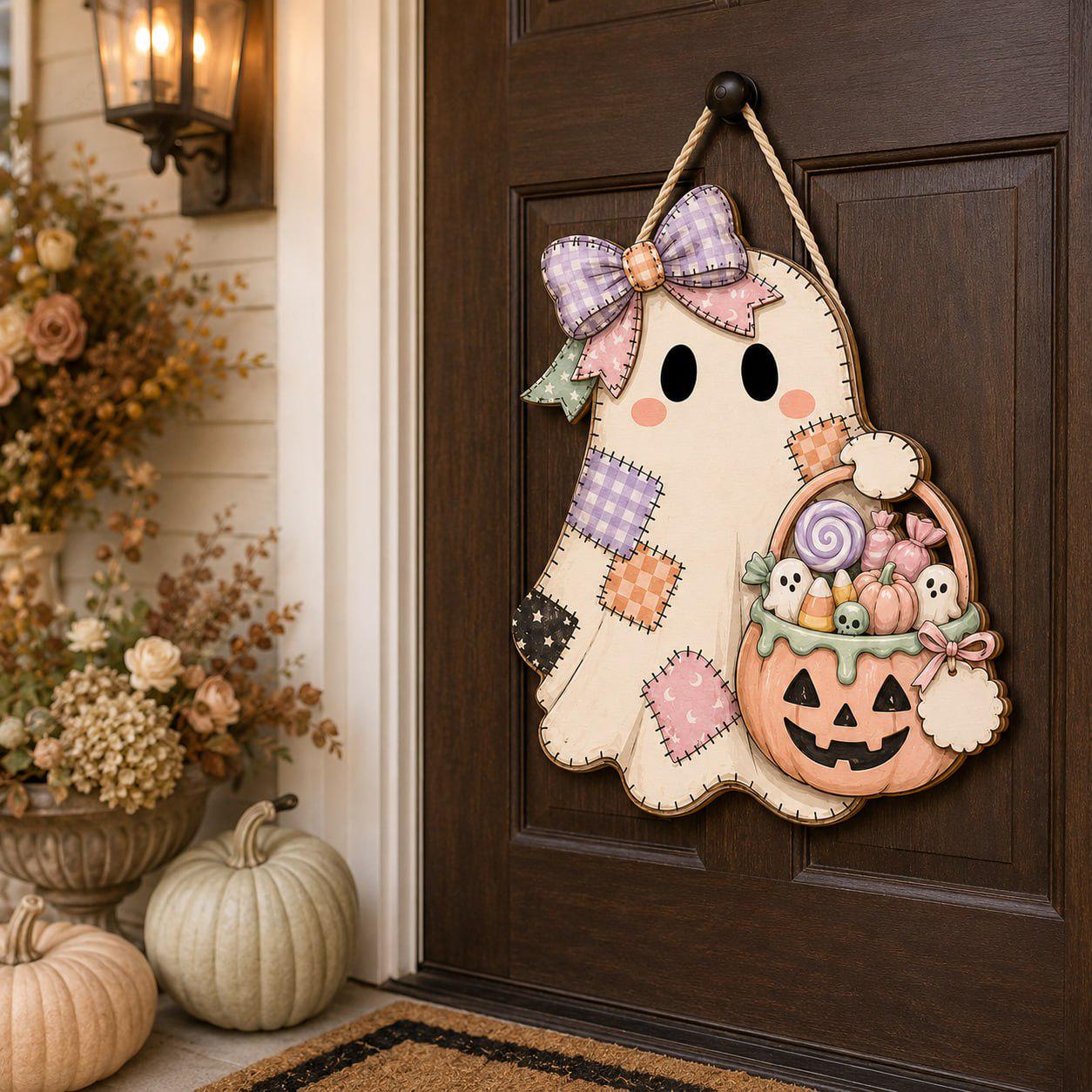 Personalized Ghost Door Hanger and Front Porch Sign with Patchwork Halloween Decor, Cute Pumpkin, Rustic Fall Wooden Welcome Decoration - photo 2