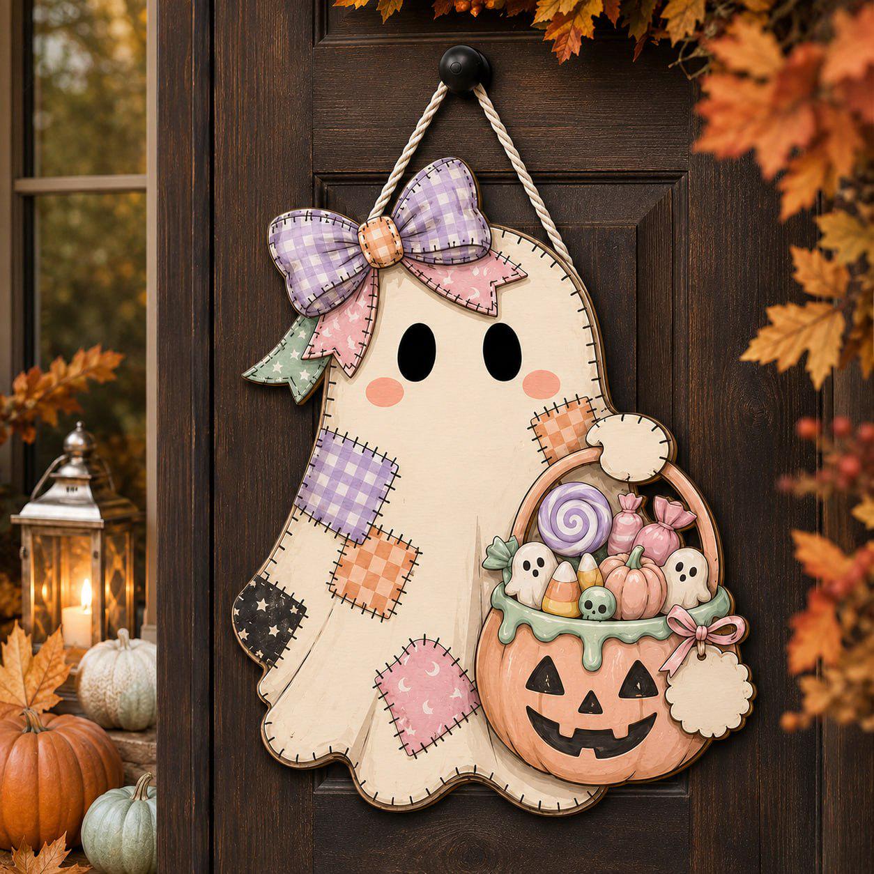 Personalized Ghost Door Hanger and Front Porch Sign with Patchwork Halloween Decor, Cute Pumpkin, Rustic Fall Wooden Welcome Decoration - photo 3