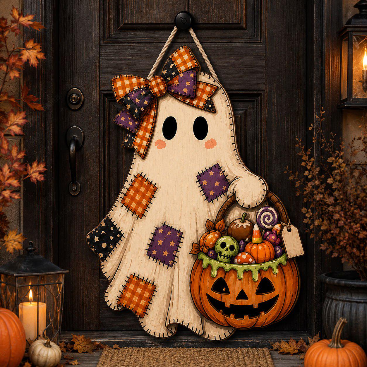 Personalized Ghost Door Hanger and Front Porch Sign with Patchwork Halloween Decor, Cute Pumpkin, Rustic Fall Wooden Welcome Decoration - photo 4