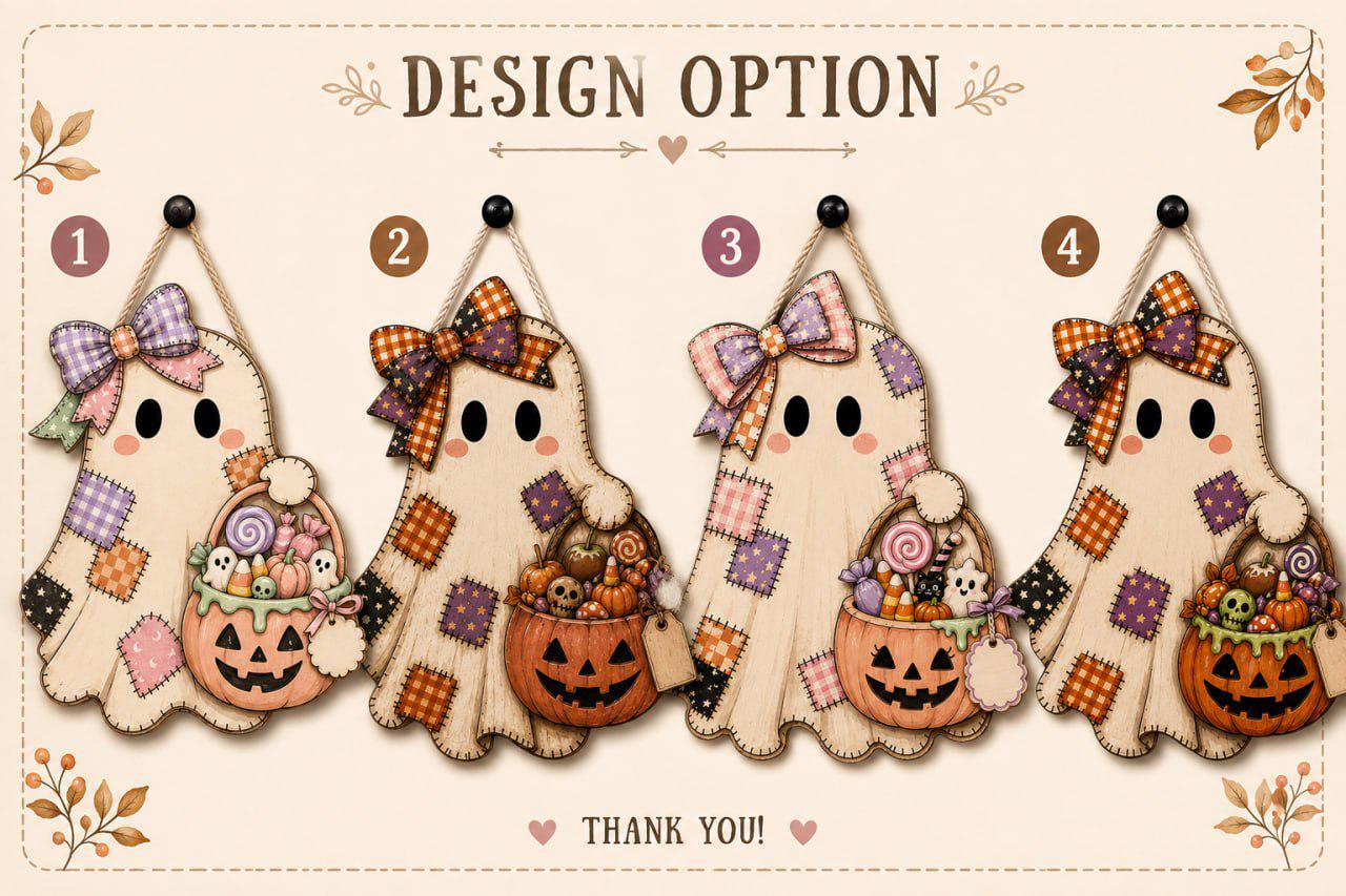 Personalized Ghost Door Hanger and Front Porch Sign with Patchwork Halloween Decor, Cute Pumpkin, Rustic Fall Wooden Welcome Decoration - photo 5