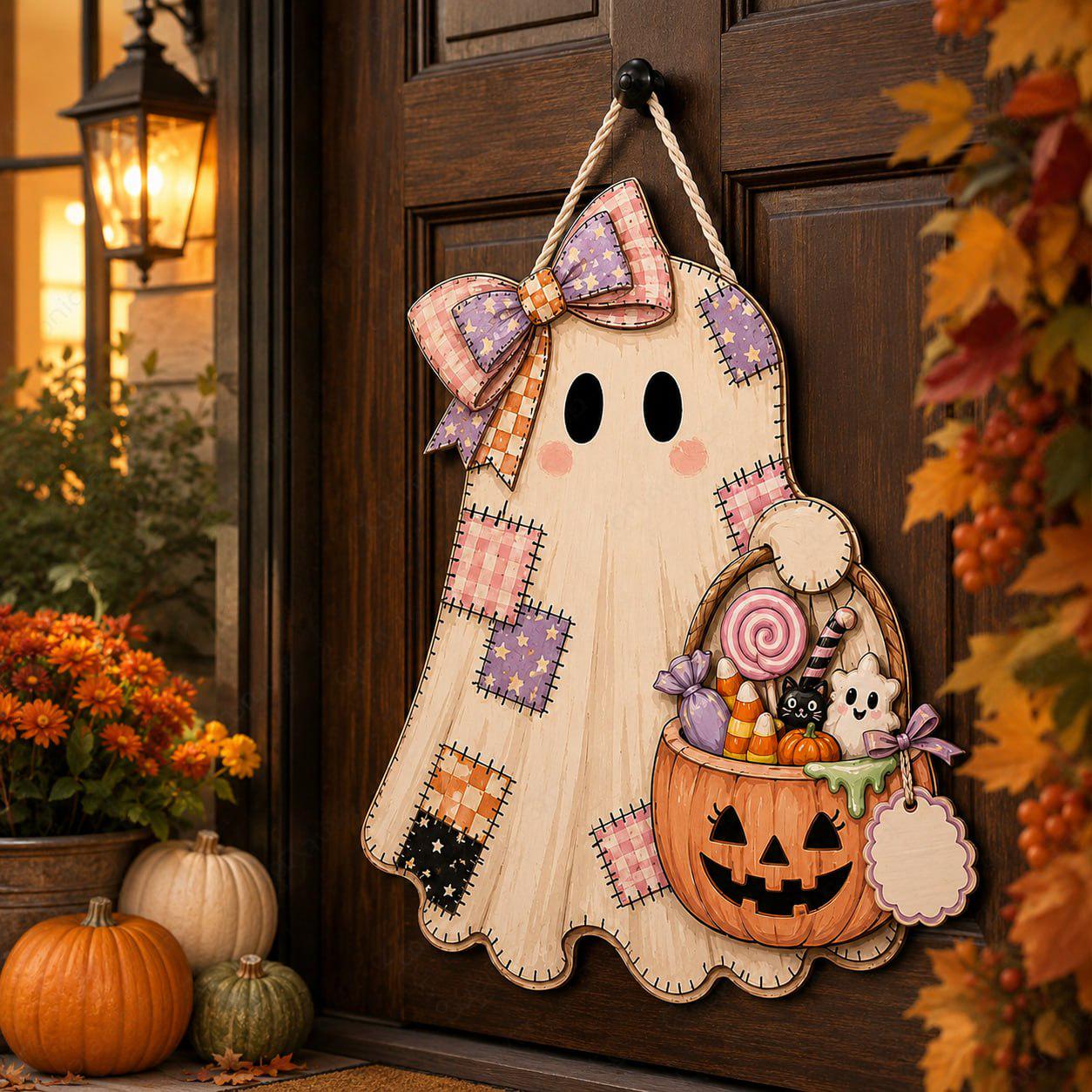 Personalized Ghost Door Hanger and Front Porch Sign with Patchwork Halloween Decor, Cute Pumpkin, Rustic Fall Wooden Welcome Decoration - photo 6