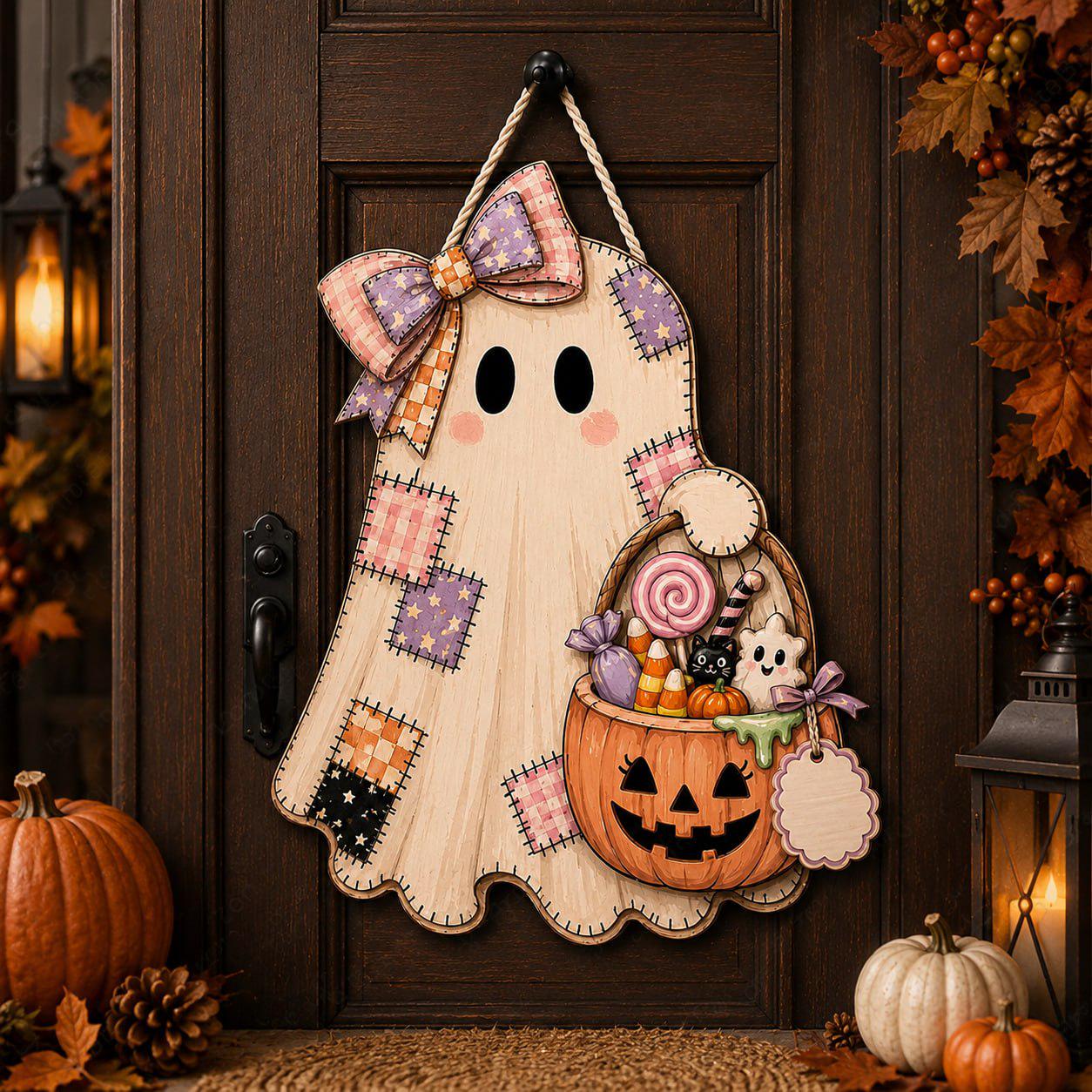 Personalized Ghost Door Hanger and Front Porch Sign with Patchwork Halloween Decor, Cute Pumpkin, Rustic Fall Wooden Welcome Decoration - photo 7