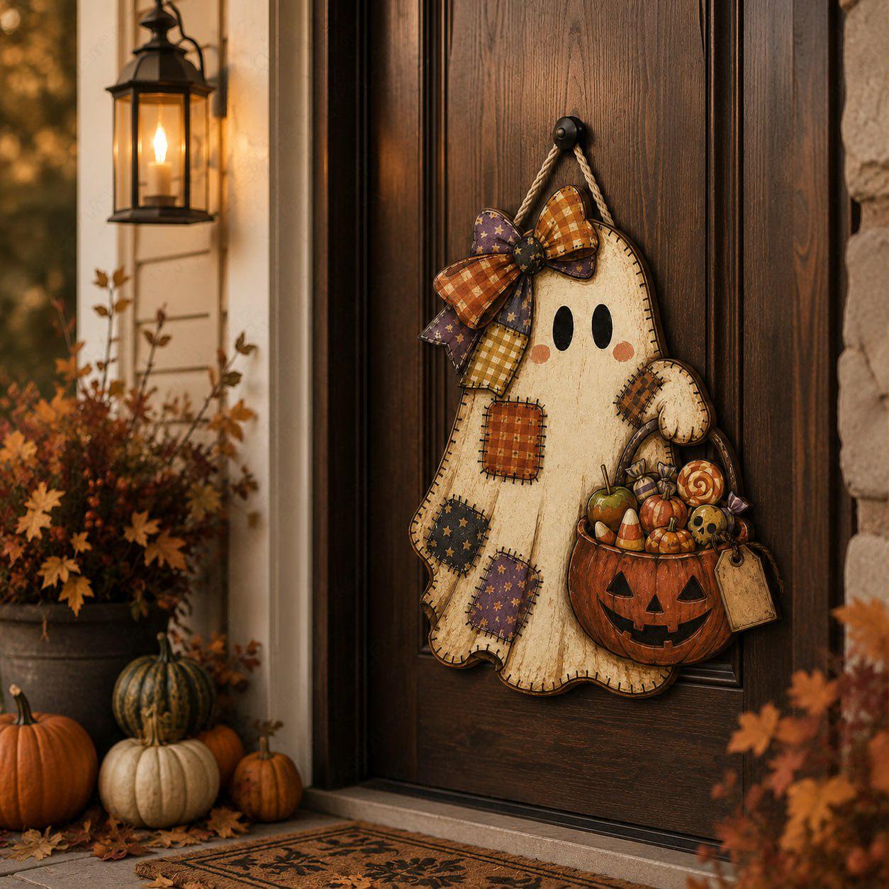 Personalized Ghost Door Hanger and Front Porch Sign with Patchwork Halloween Decor, Cute Pumpkin, Rustic Fall Wooden Welcome Decoration - photo 8