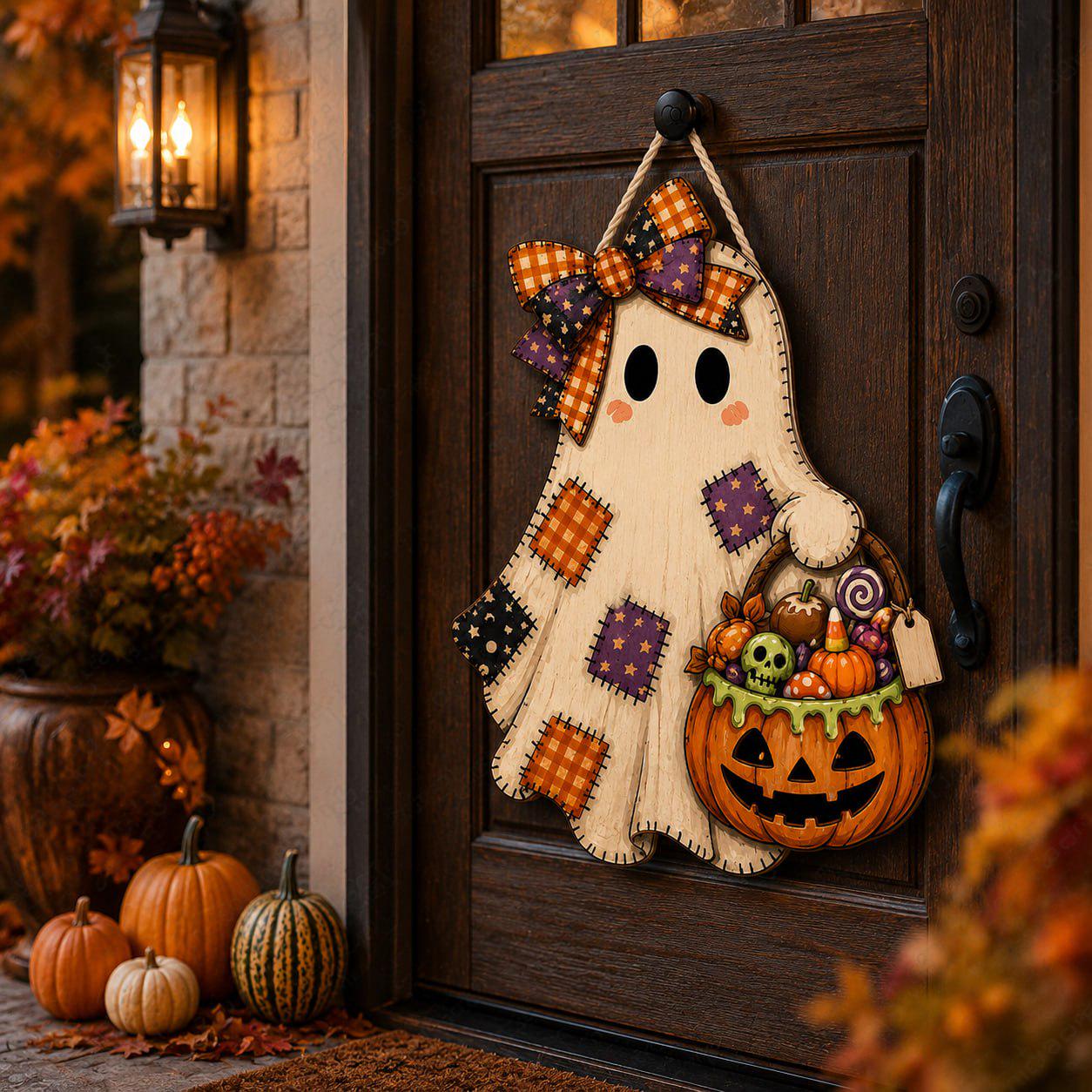 Personalized Ghost Door Hanger and Front Porch Sign with Patchwork Halloween Decor, Cute Pumpkin, Rustic Fall Wooden Welcome Decoration - photo 9