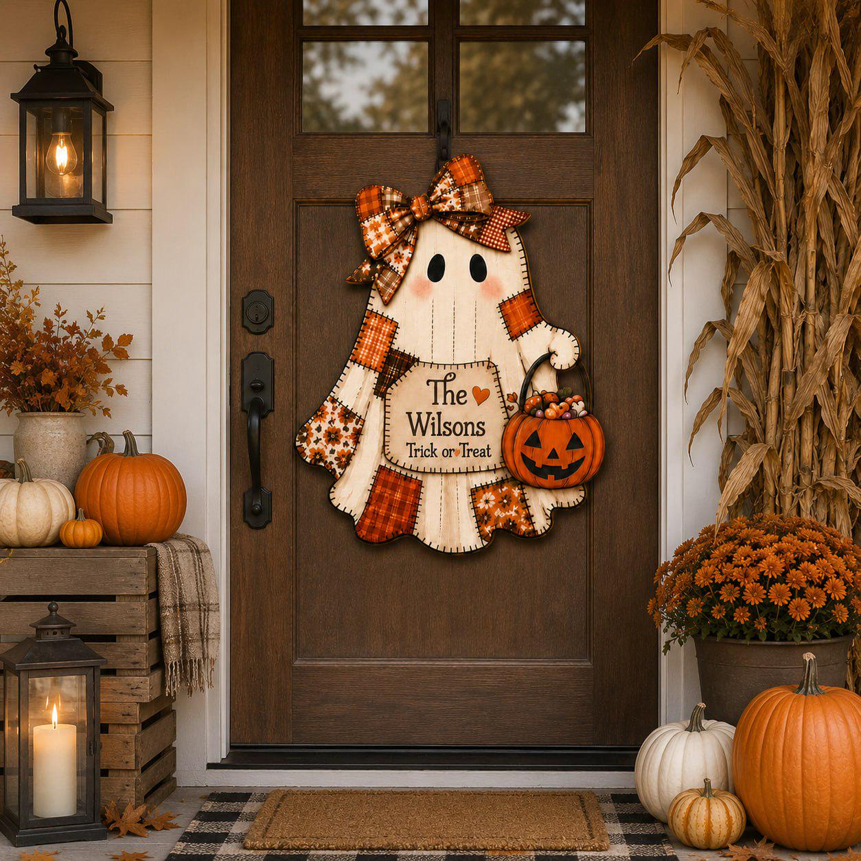 Quilted Style Ghost Halloween Door Hanger and Porch Sign with Cute Patchwork Wooden Door, Rustic Autumn Decor, Spooky Fall Front Accent