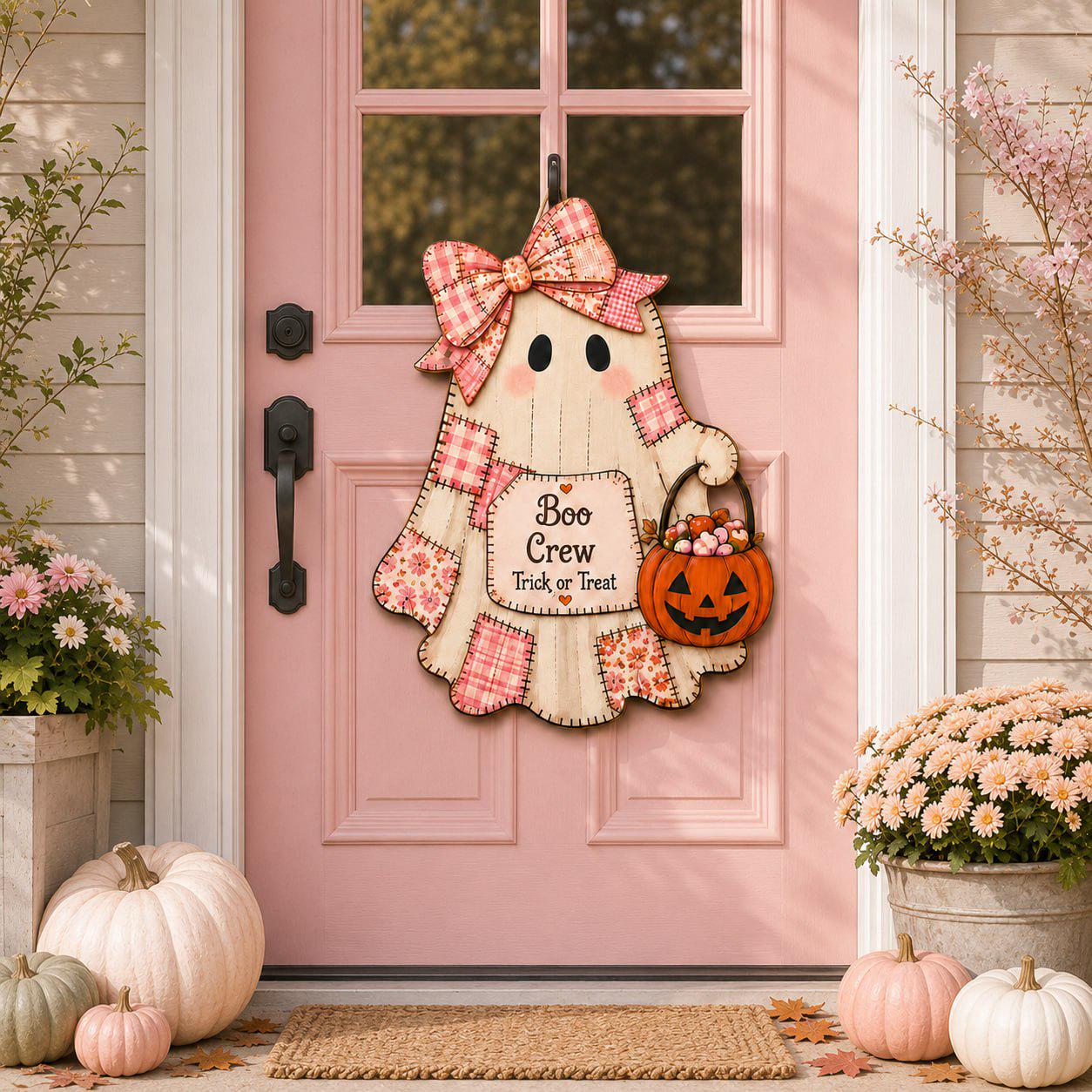 Quilted Style Ghost Halloween Door Hanger and Porch Sign with Cute Patchwork Wooden Door, Rustic Autumn Decor, Spooky Fall Front Accent - photo 2