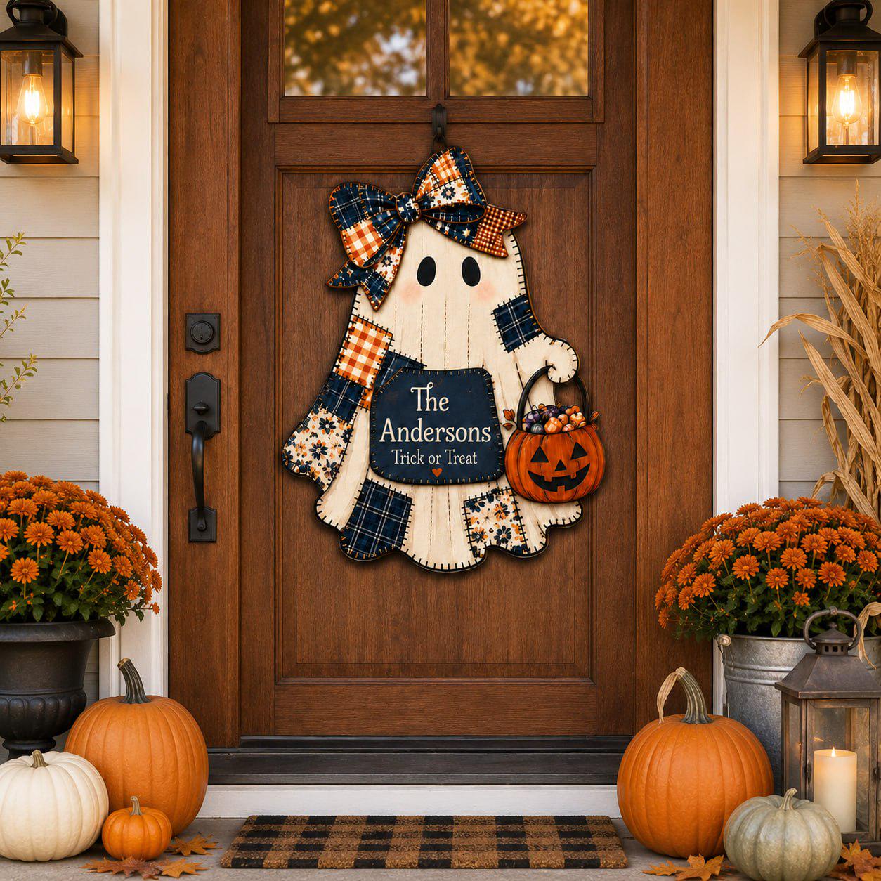 Quilted Style Ghost Halloween Door Hanger and Porch Sign with Cute Patchwork Wooden Door, Rustic Autumn Decor, Spooky Fall Front Accent - photo 3