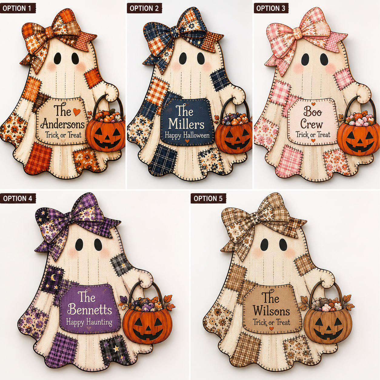 Quilted Style Ghost Halloween Door Hanger and Porch Sign with Cute Patchwork Wooden Door, Rustic Autumn Decor, Spooky Fall Front Accent - photo 4