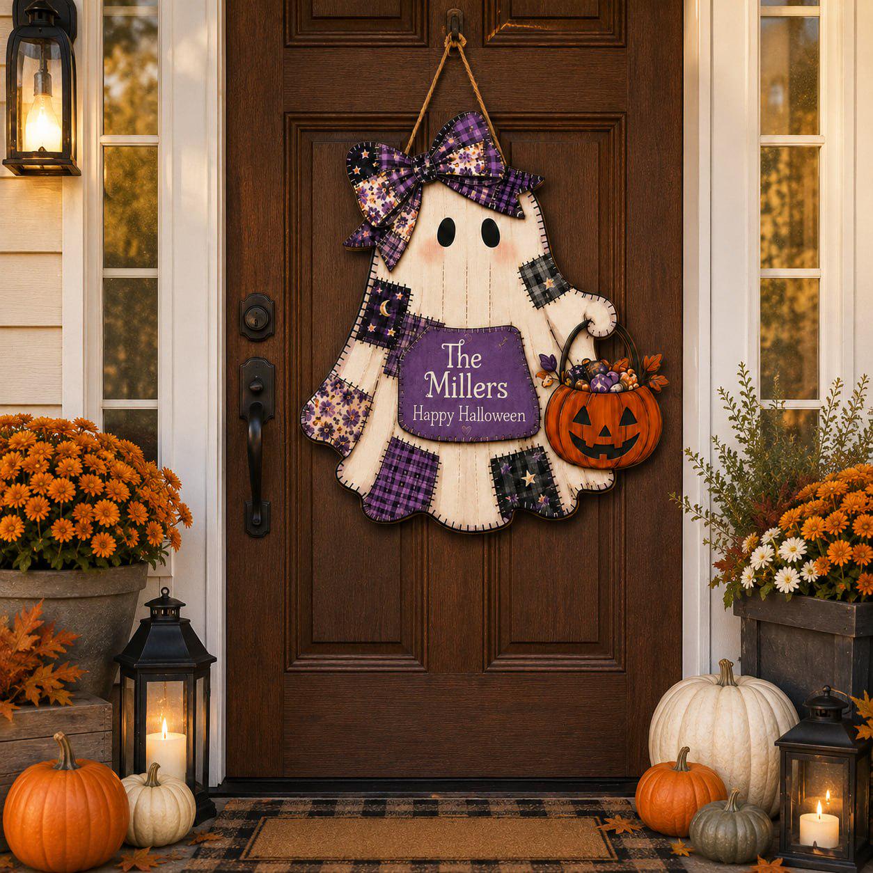 Quilted Style Ghost Halloween Door Hanger and Porch Sign with Cute Patchwork Wooden Door, Rustic Autumn Decor, Spooky Fall Front Accent - photo 5