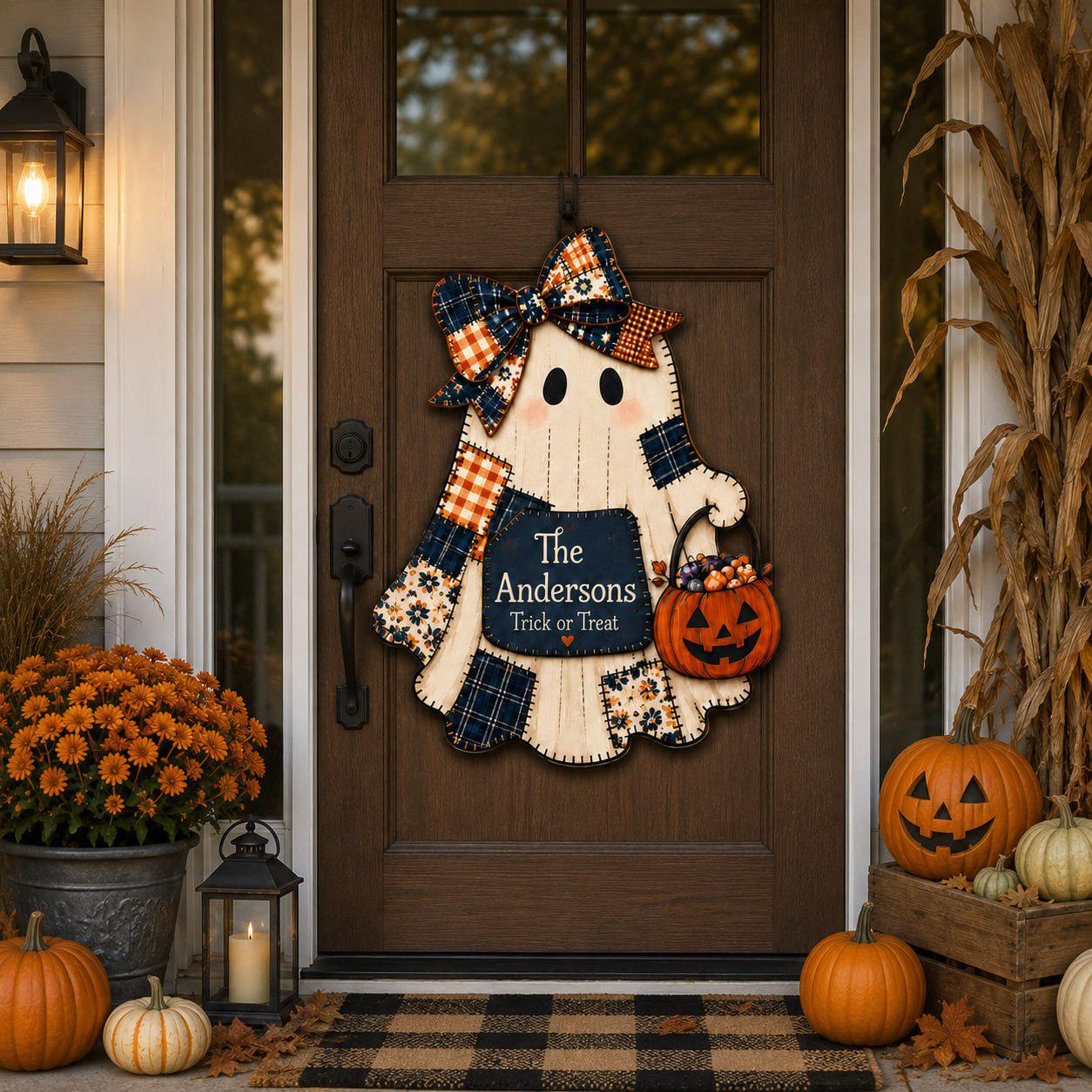 Quilted Style Ghost Halloween Door Hanger and Porch Sign with Cute Patchwork Wooden Door, Rustic Autumn Decor, Spooky Fall Front Accent - photo 6