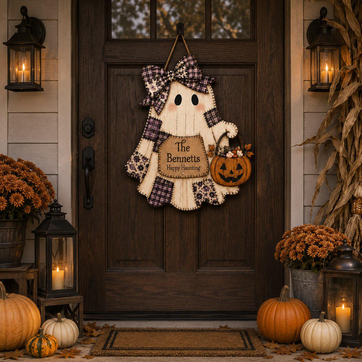Quilted Style Ghost Halloween Door Hanger and Porch Sign with Cute Patchwork Wooden Door, Rustic Autumn Decor, Spooky Fall Front Accent - photo 7