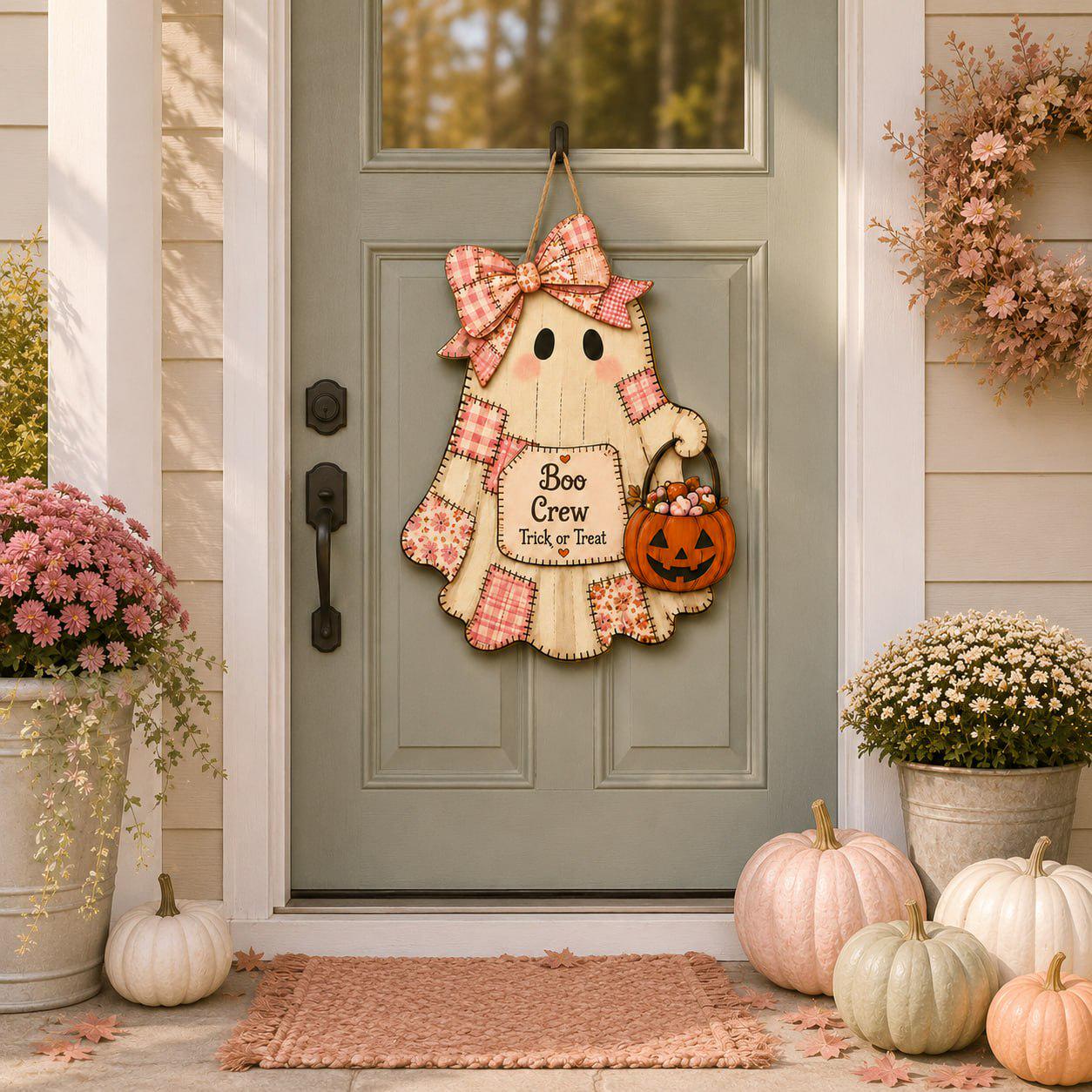 Quilted Style Ghost Halloween Door Hanger and Porch Sign with Cute Patchwork Wooden Door, Rustic Autumn Decor, Spooky Fall Front Accent - photo 8