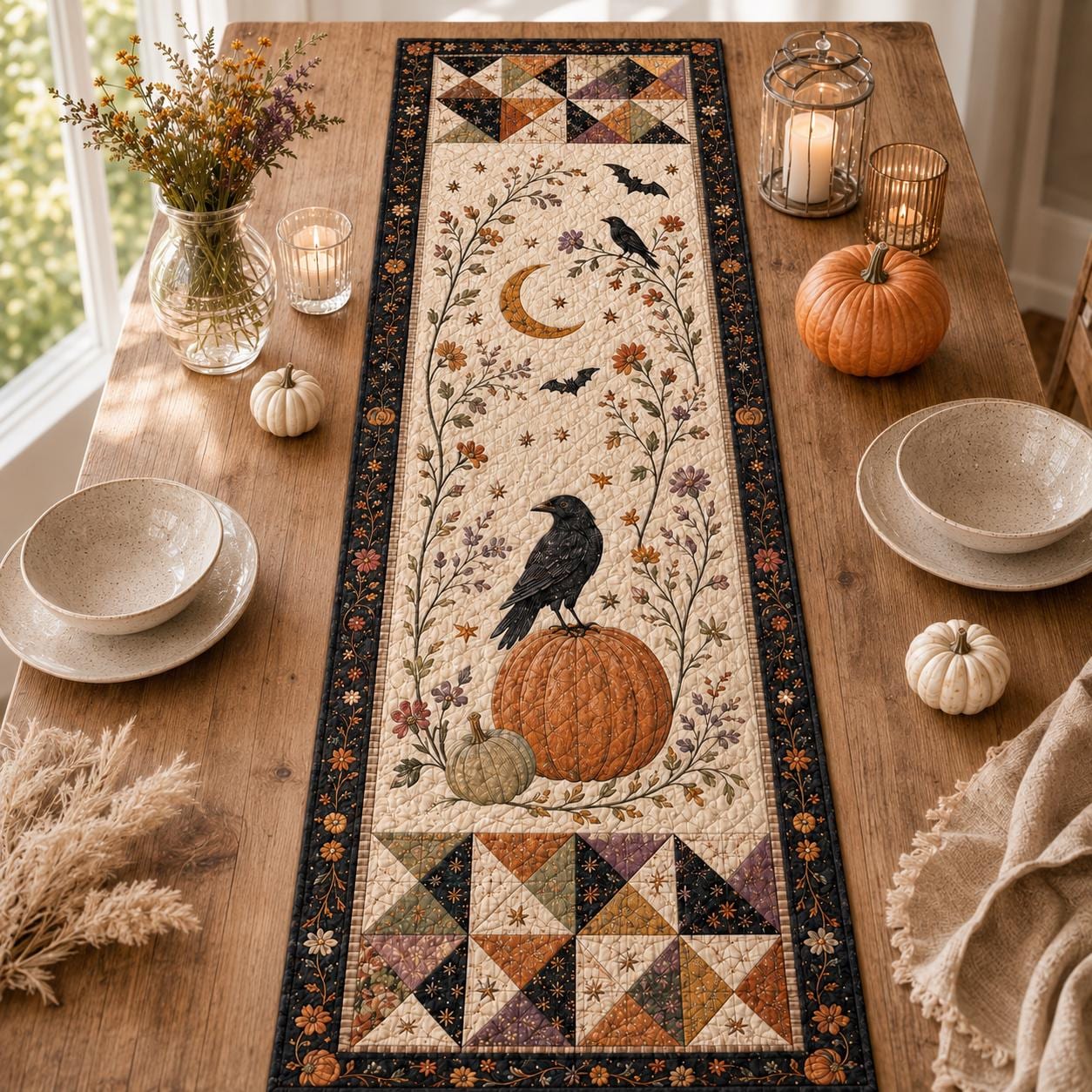 Quilted Style Table Runner and Table Runners for Autumn – Spooky Halloween Decor with Pumpkin, Cat, Ghost and Bat