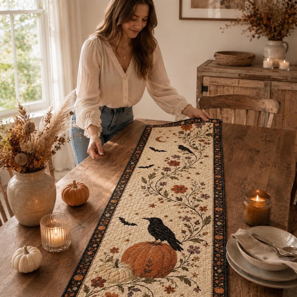 Quilted Style Table Runner and Table Runners for Autumn – Spooky Halloween Decor with Pumpkin, Cat, Ghost and Bat - photo 2