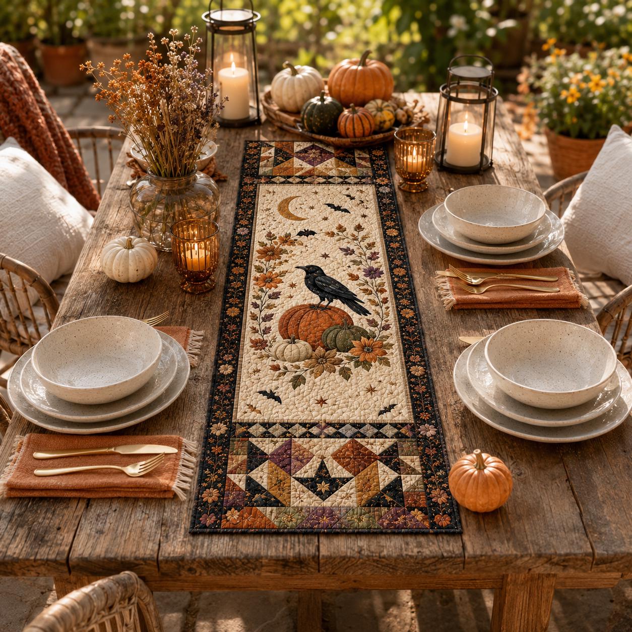 Quilted Style Table Runner and Table Runners for Autumn – Spooky Halloween Decor with Pumpkin, Cat, Ghost and Bat - photo 3
