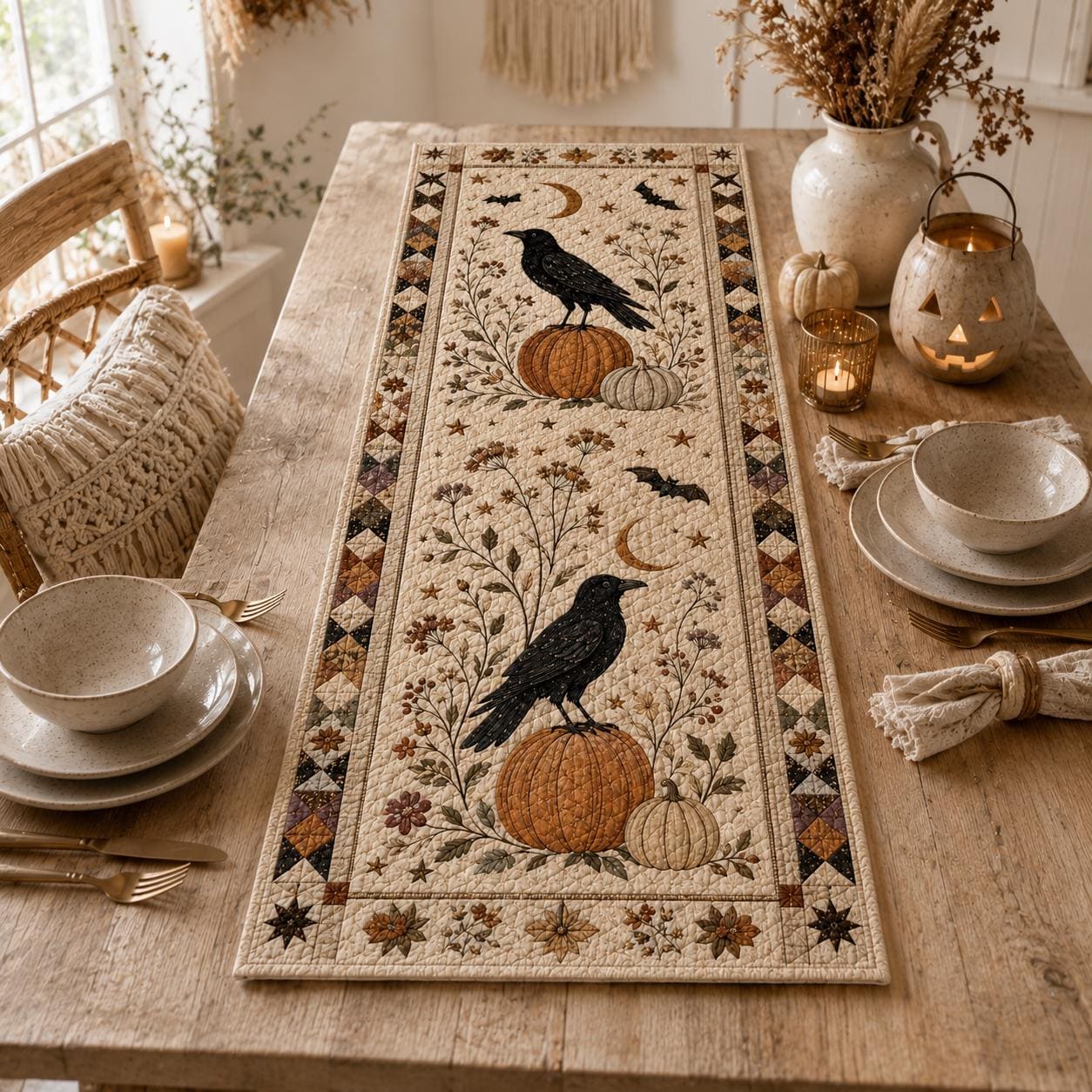 Quilted Style Table Runner and Table Runners for Autumn – Spooky Halloween Decor with Pumpkin, Cat, Ghost and Bat - photo 4