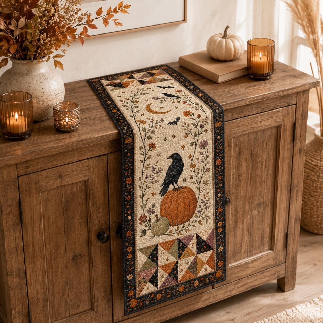 Quilted Style Table Runner and Table Runners for Autumn – Spooky Halloween Decor with Pumpkin, Cat, Ghost and Bat - photo 7