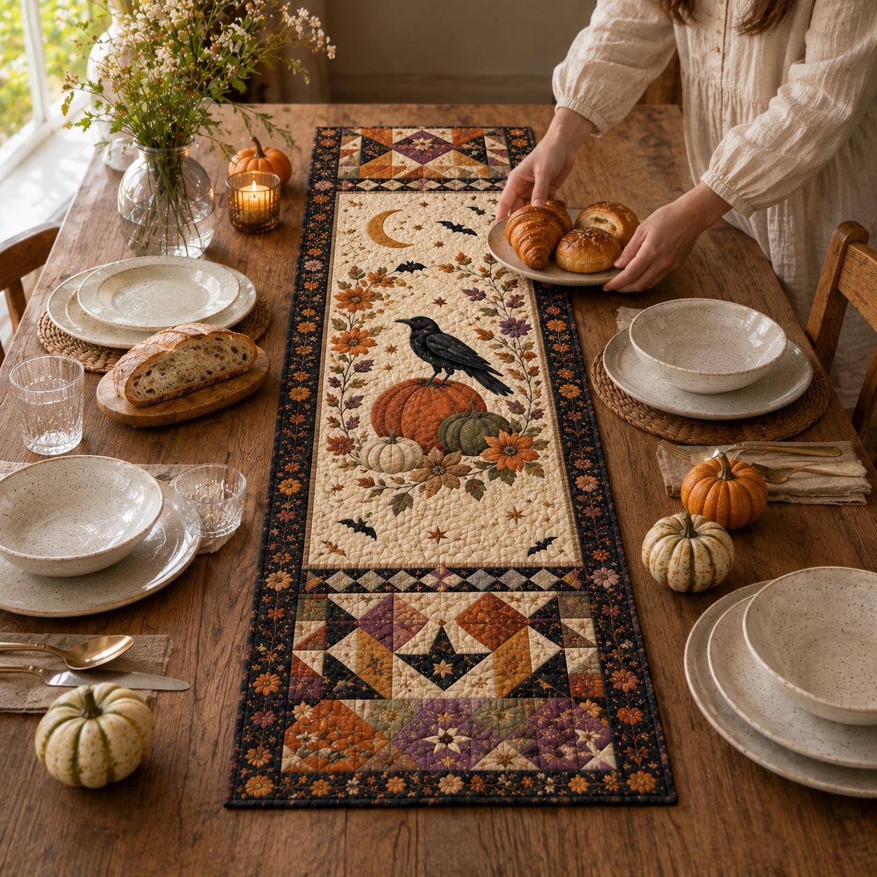 Quilted Style Table Runner and Table Runners for Autumn – Spooky Halloween Decor with Pumpkin, Cat, Ghost and Bat - photo 8