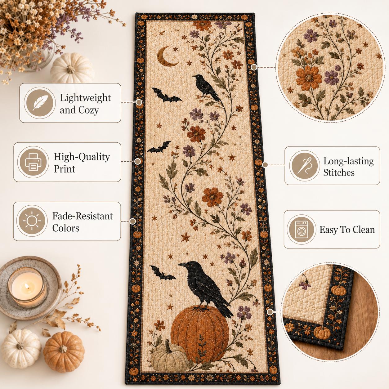 Quilted Style Table Runner and Table Runners for Autumn – Spooky Halloween Decor with Pumpkin, Cat, Ghost and Bat - photo 9
