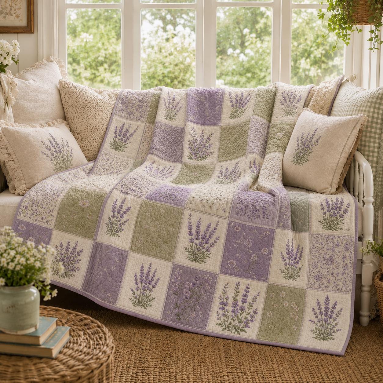 Purple Lavender Floral Quilted Style Blanket – Vintage Botanical Garden Throw Bedspread for Cottagecore Farmhouse Bedding and Cozy Gift for Her