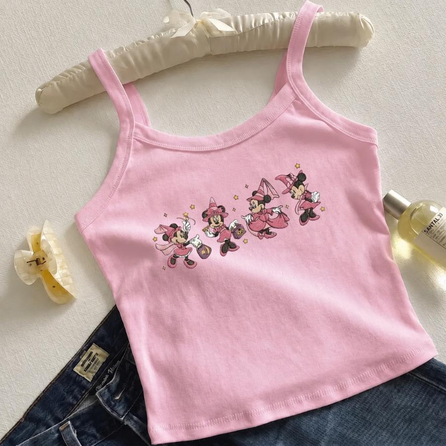 Embroidered Disney Minnie Witch Tank Top with Pink Fantasia Cartoon Mouse Baby Tee – Cute Disney Trip Outfit and Halloween Gift