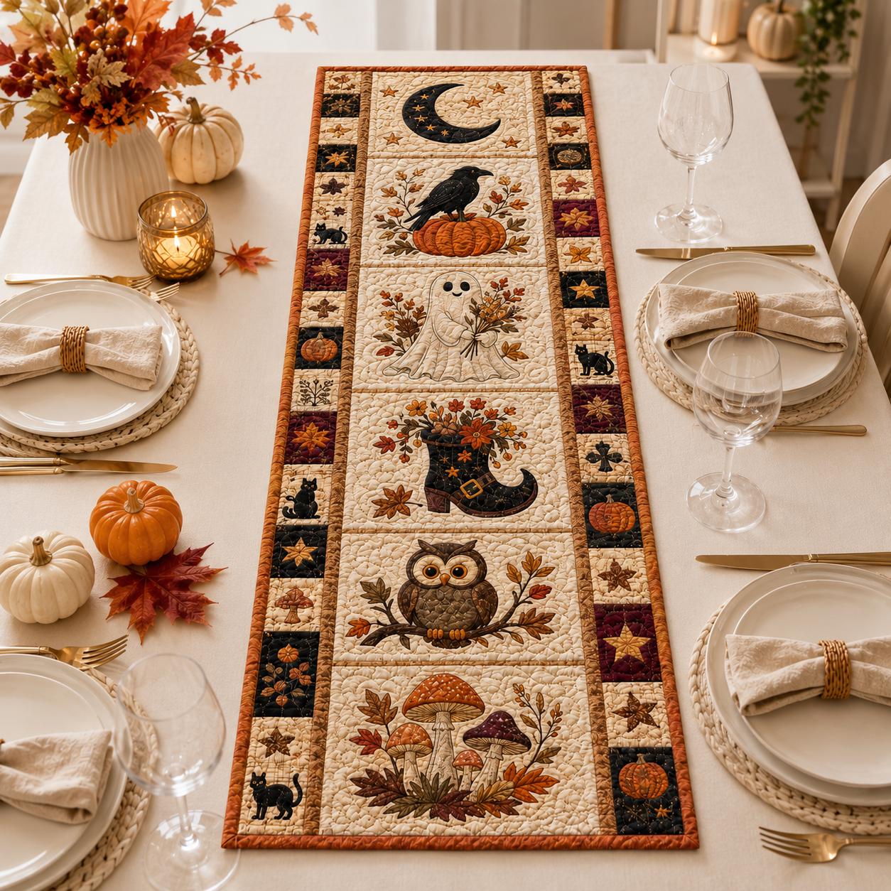 Quilted Style Table Runner and Patchwork Table Runners for Fall and Autumn – Halloween Decor with Pumpkin, Witch and Owl