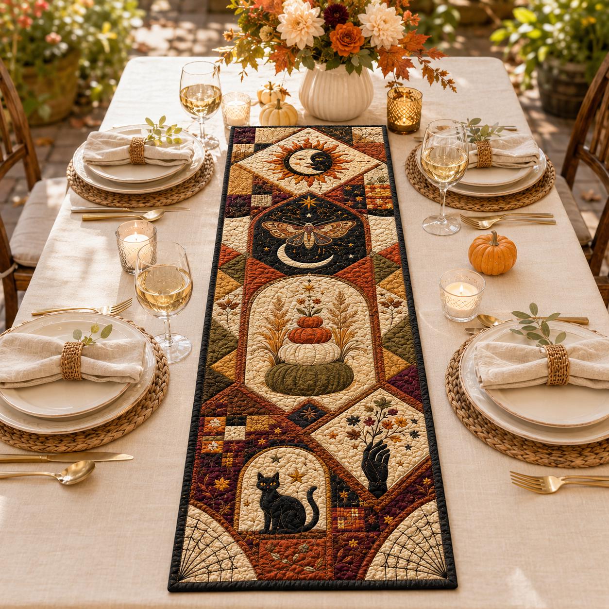 Quilted Style Table Runner and Patchwork Table Runners for Fall and Autumn – Halloween Decor with Pumpkin, Witch and Owl - photo 2