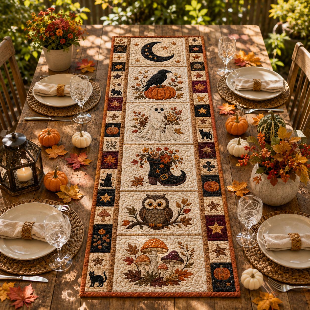 Quilted Style Table Runner and Patchwork Table Runners for Fall and Autumn – Halloween Decor with Pumpkin, Witch and Owl - photo 3
