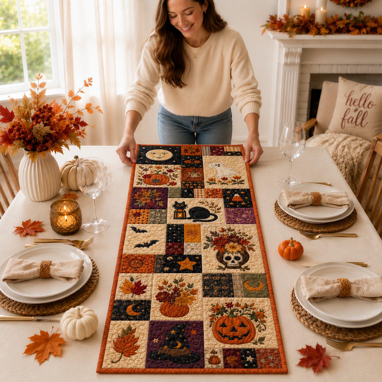 Quilted Style Table Runner and Patchwork Table Runners for Fall and Autumn – Halloween Decor with Pumpkin, Witch and Owl - photo 4