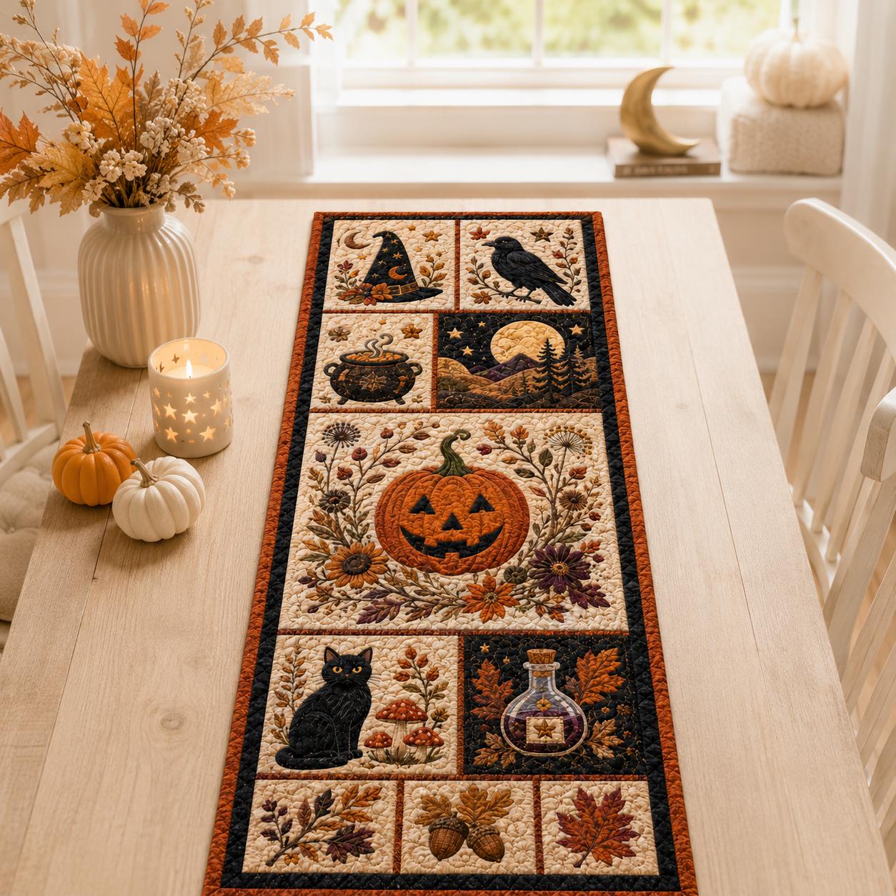Quilted Style Table Runner and Patchwork Table Runners for Fall and Autumn – Halloween Decor with Pumpkin, Witch and Owl - photo 7
