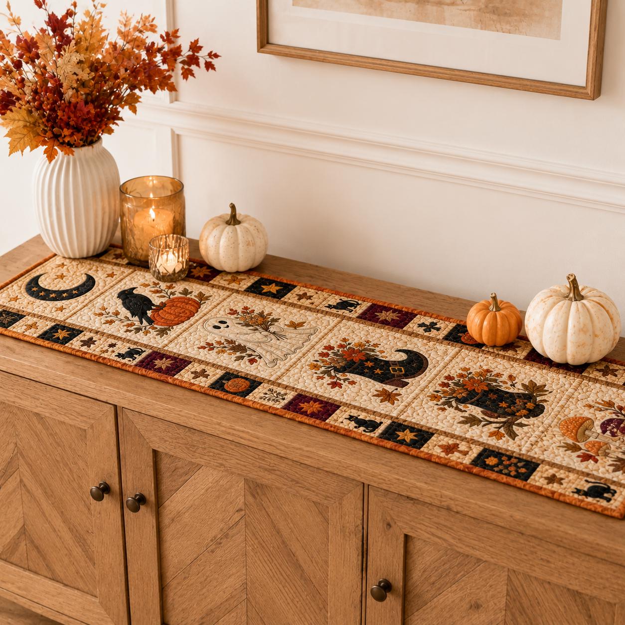 Quilted Style Table Runner and Patchwork Table Runners for Fall and Autumn – Halloween Decor with Pumpkin, Witch and Owl - photo 8