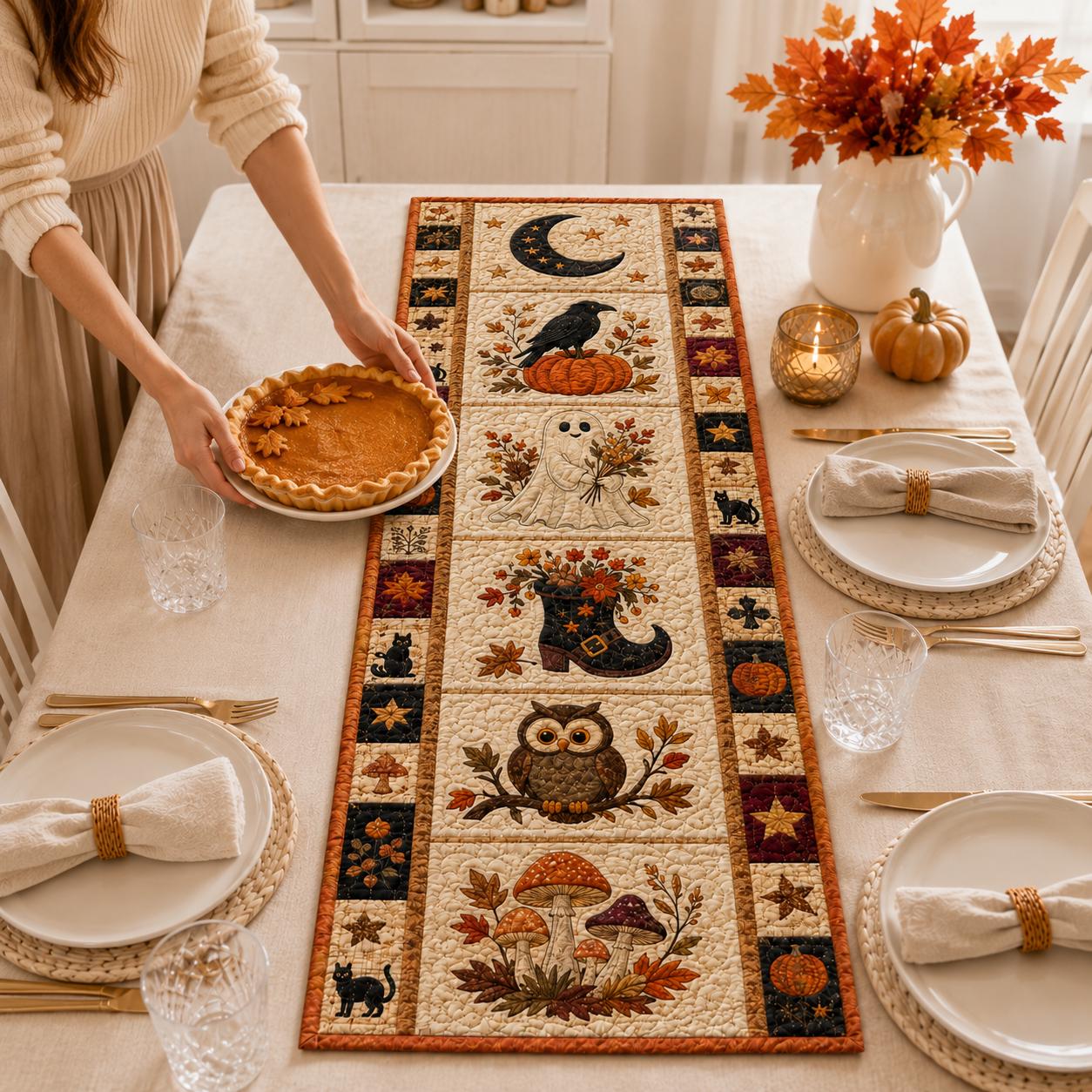 Quilted Style Table Runner and Patchwork Table Runners for Fall and Autumn – Halloween Decor with Pumpkin, Witch and Owl - photo 9