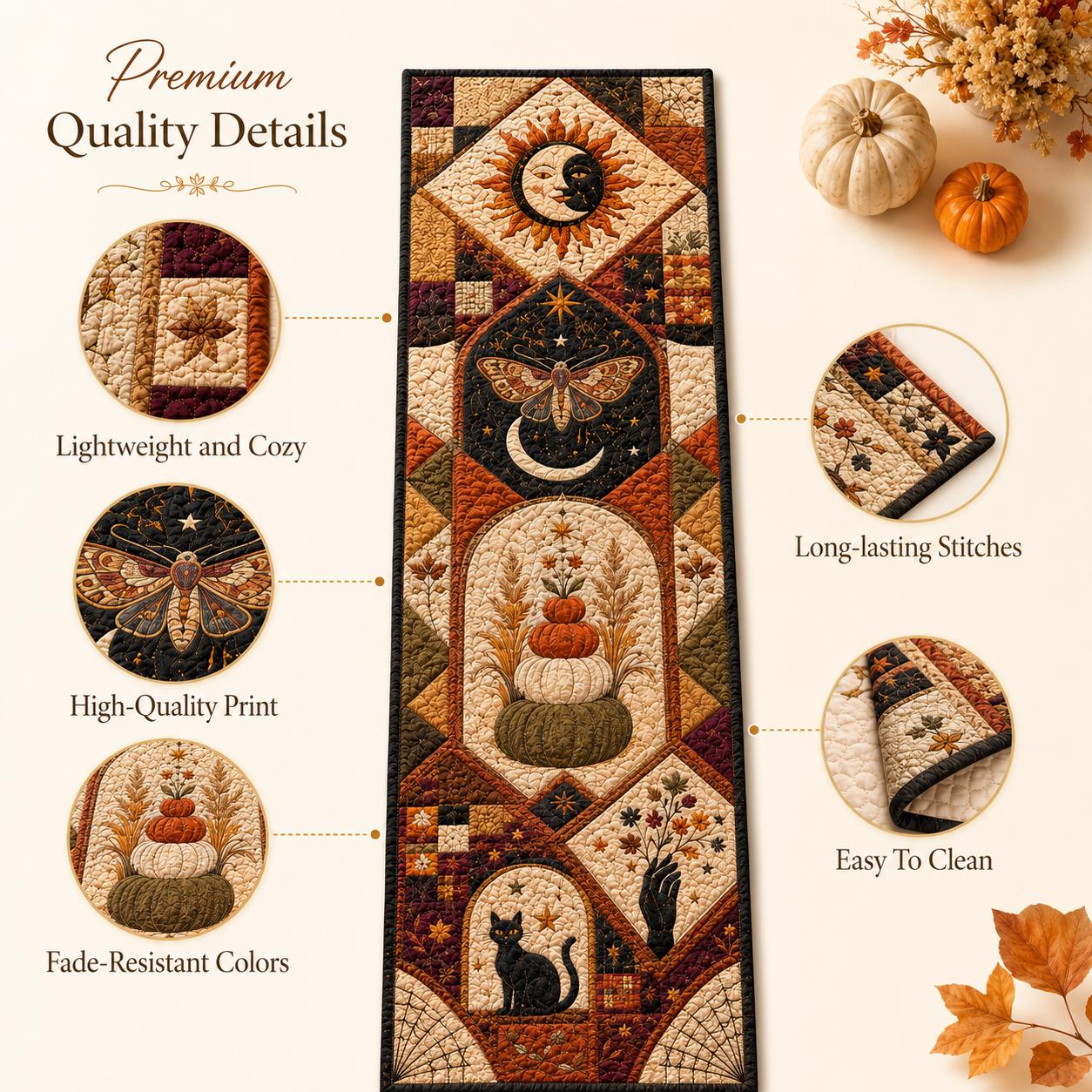 Quilted Style Table Runner and Patchwork Table Runners for Fall and Autumn – Halloween Decor with Pumpkin, Witch and Owl - photo 10