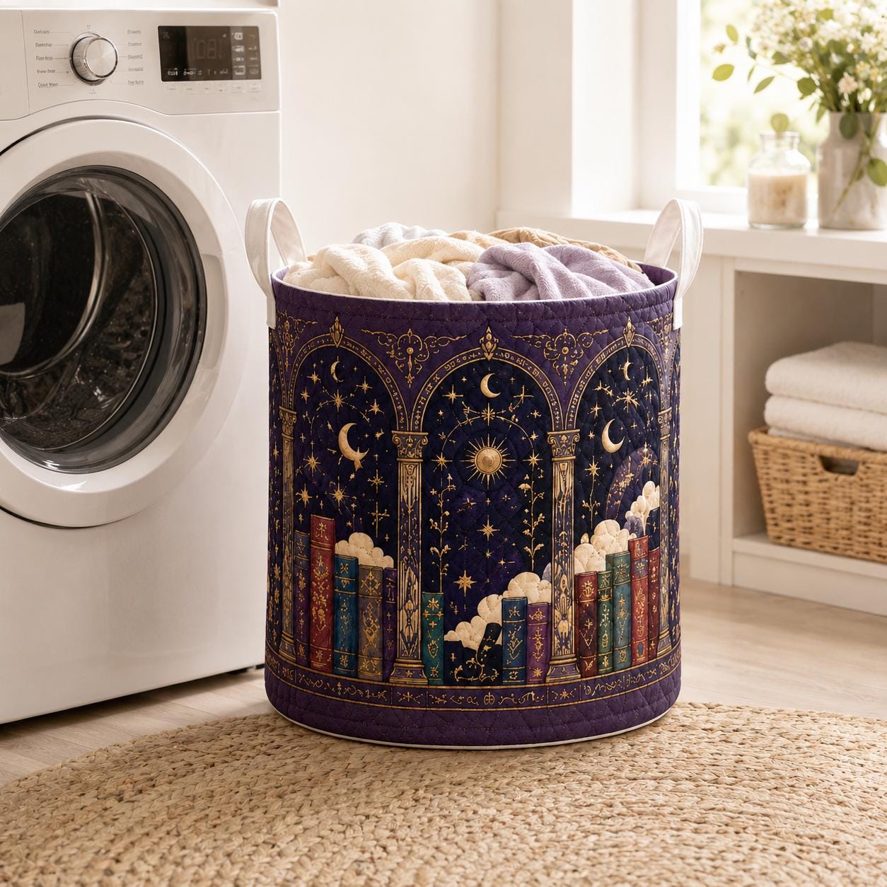 Celestial Bookshelf Quilted Style Fabric Laundry Basket with Moon and Stars – Cozy Nursery Room Decor Hamper Storage Bin for Book Lover