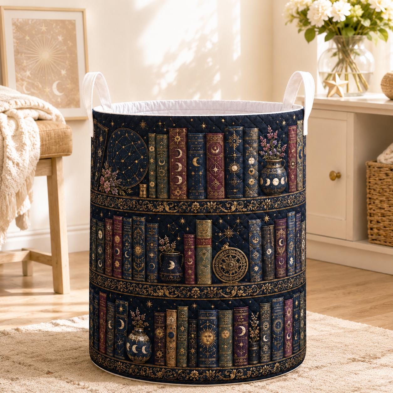 Celestial Bookshelf Quilted Style Fabric Laundry Basket with Moon and Stars – Cozy Nursery Room Decor Hamper Storage Bin for Book Lover - photo 2