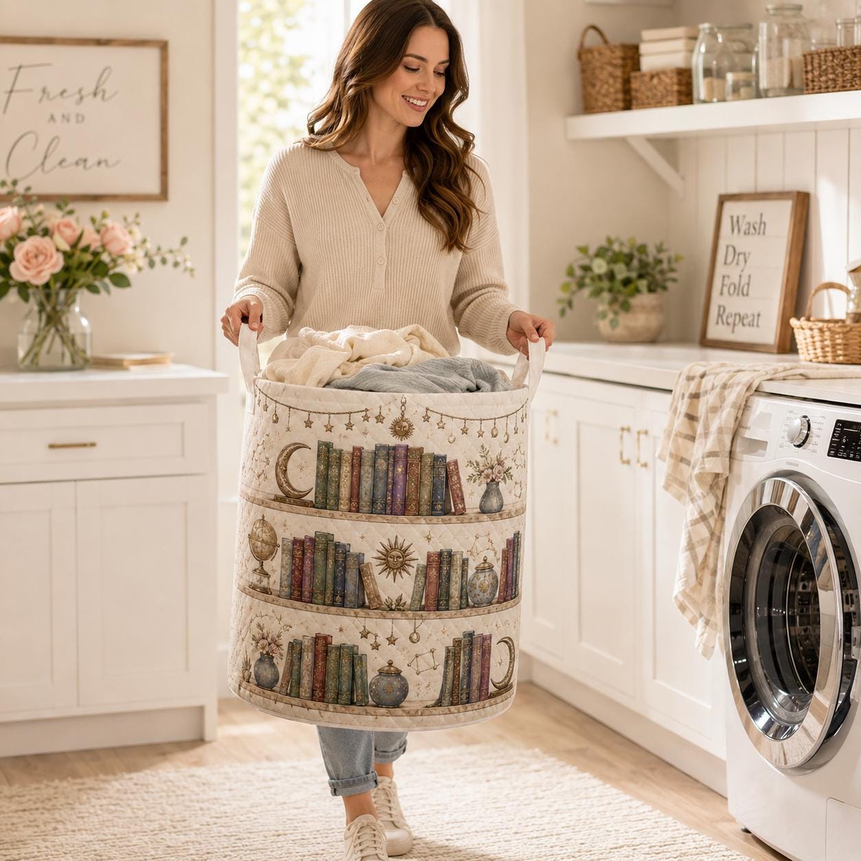Celestial Bookshelf Quilted Style Fabric Laundry Basket with Moon and Stars – Cozy Nursery Room Decor Hamper Storage Bin for Book Lover - photo 3