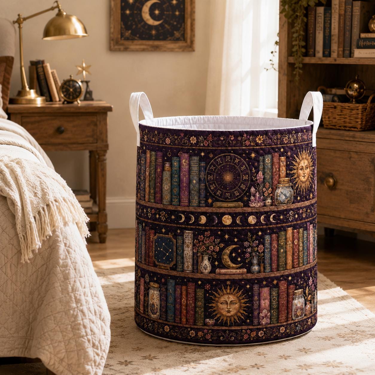 Celestial Bookshelf Quilted Style Fabric Laundry Basket with Moon and Stars – Cozy Nursery Room Decor Hamper Storage Bin for Book Lover - photo 4