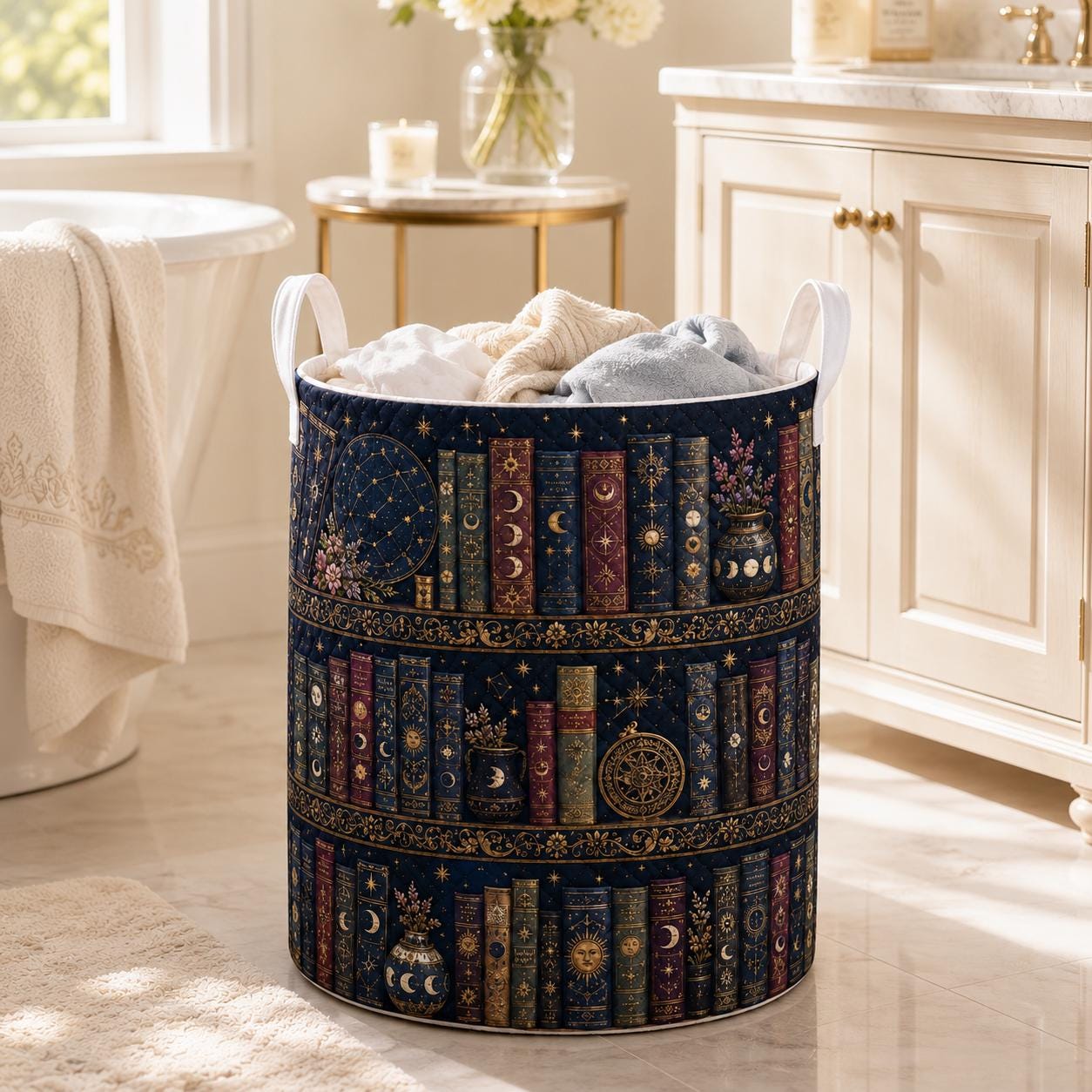 Celestial Bookshelf Quilted Style Fabric Laundry Basket with Moon and Stars – Cozy Nursery Room Decor Hamper Storage Bin for Book Lover - photo 5